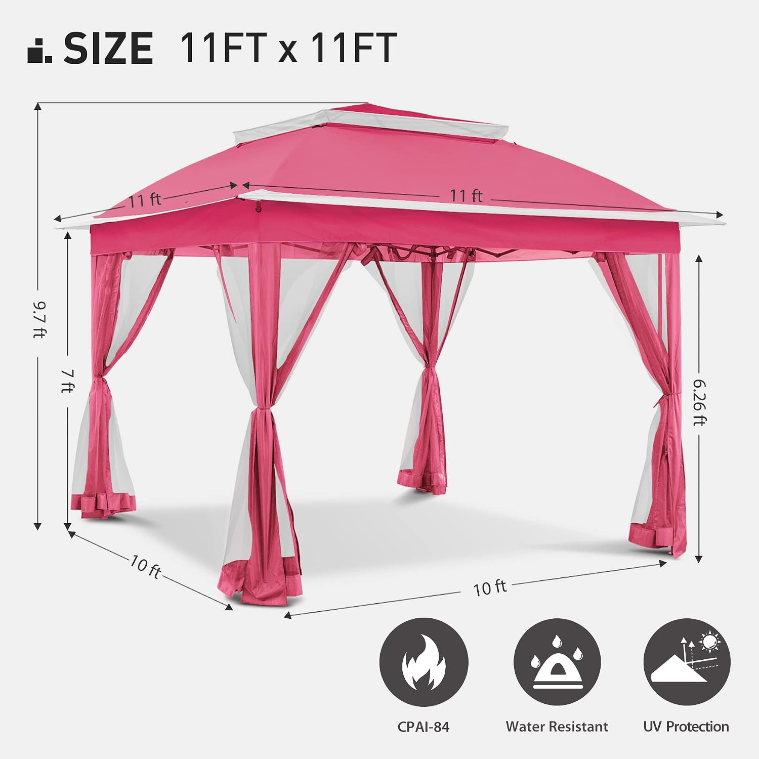 Joyside Pop Up Gazebo with Mosquito Netting - 11' x 11' Canopy Tent for Patios, Outdoor Shelter, Wedding Tent (Pink)