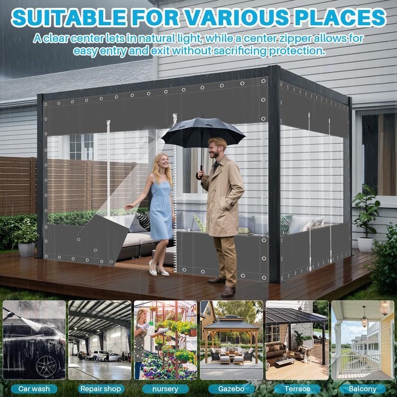 Clear Vinyl Curtains with Zippered Entry, 23oz Heavy Duty Waterproof Anti-UV and Tear-Resistant Tarpaulin with Grommets, Weatherproof Panels for Porch, Pergola, Gazebo, Balcony, Patio, Enclosure