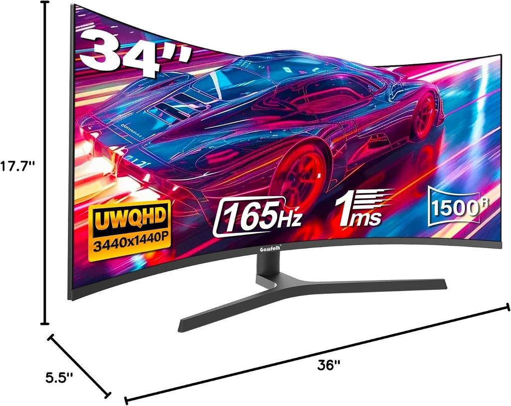 Gawfolk 34 Inch Ultrawide Curved Gaming Monitor, 1500R PC Screen UWQHD 3440x1440, 165hz Curved Computer Screen with FreeSync, Multi-Directional Adjustable Base