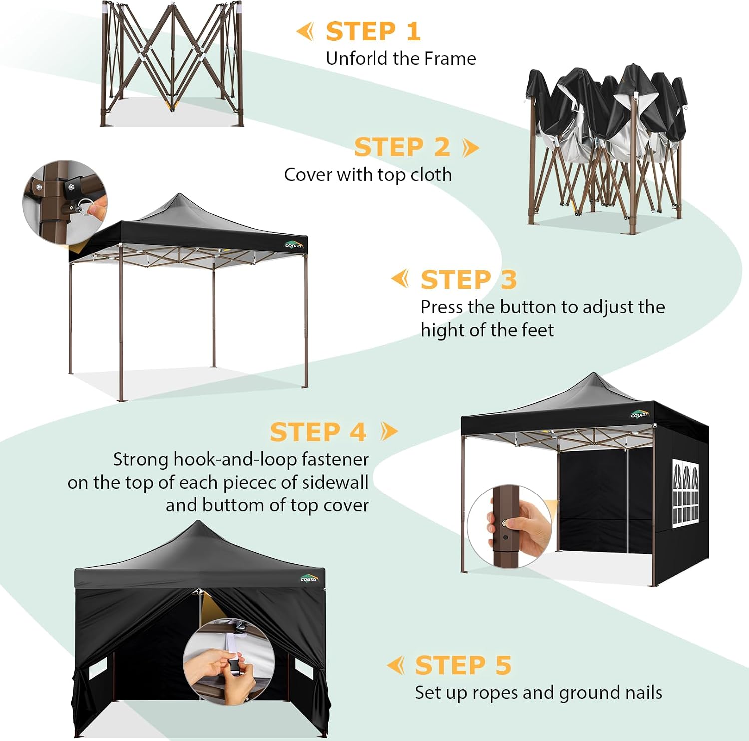 COBIZI 10x10 Pop Up Heavy Duty Canopy with 4 Sidewalls and Hexagonal Legs, Easy up Tent for Events, Parties, Camping, Outdoor Canopy with Portable Bag, Waterproof & UPF50+ (Black)