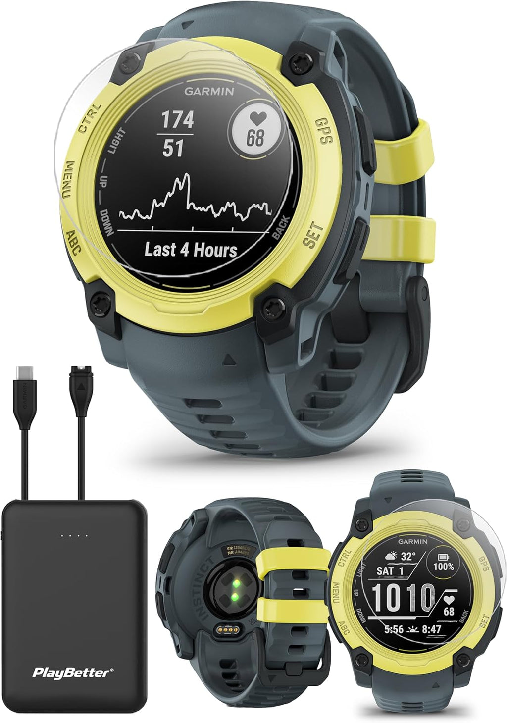 PlayBetter Garmin Instinct E 40mm (Electric Lime/Twilight) Rugged Outdoor GPS Smartwatch Bundle - 24/7 Health Monitoring, Wrist-Based Heart Rate Portable Charger & HD Screen Protectors