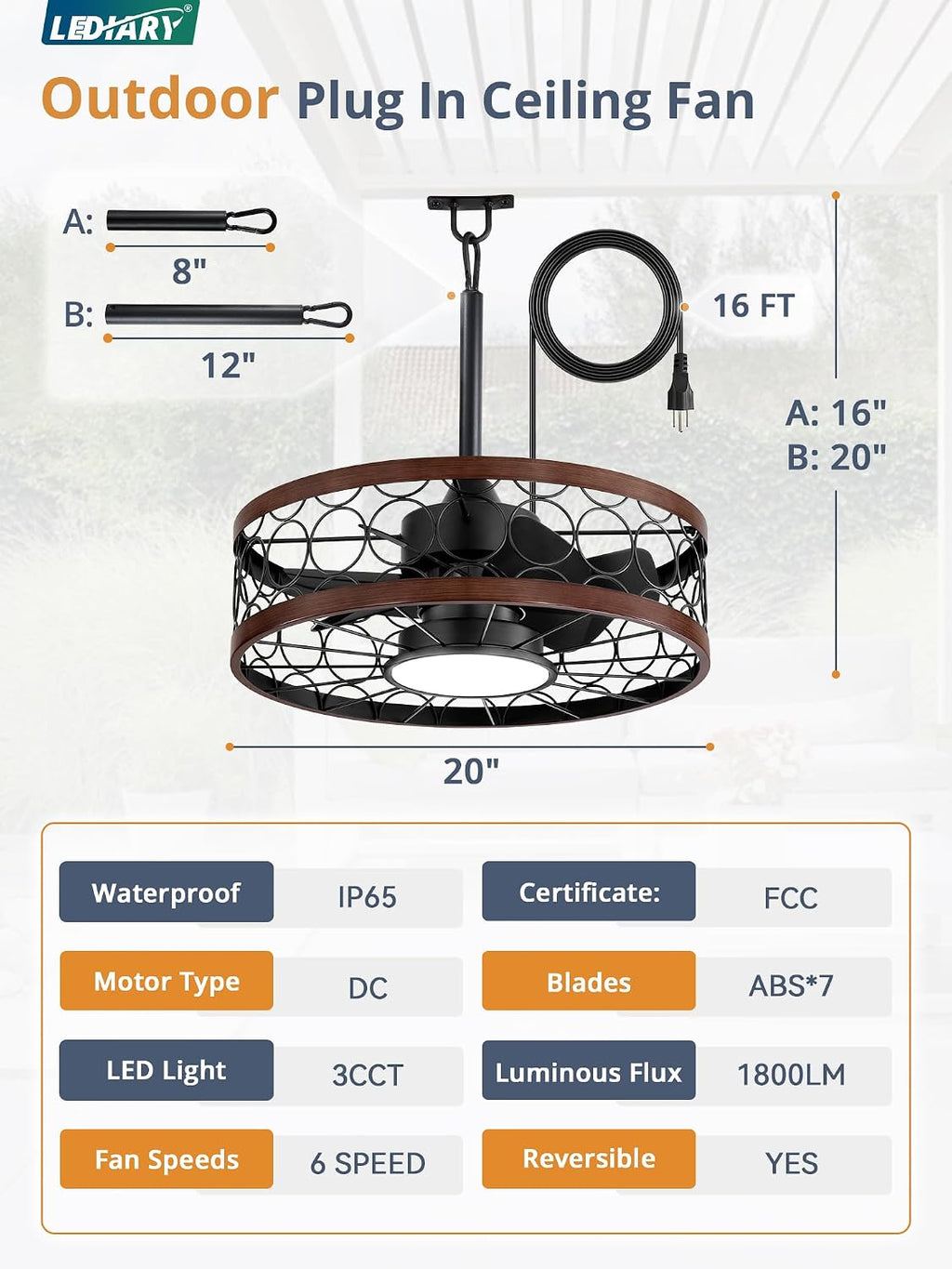 LEDIARY Outdoor Ceiling Fan with Light and Remote,Waterproof Gazebo Fan with Hanging Hook,6 Speeds, 3CCT, 20 Inch Caged Plug in Ceiling Fan for Patios,Porch, Pergola,Canopy