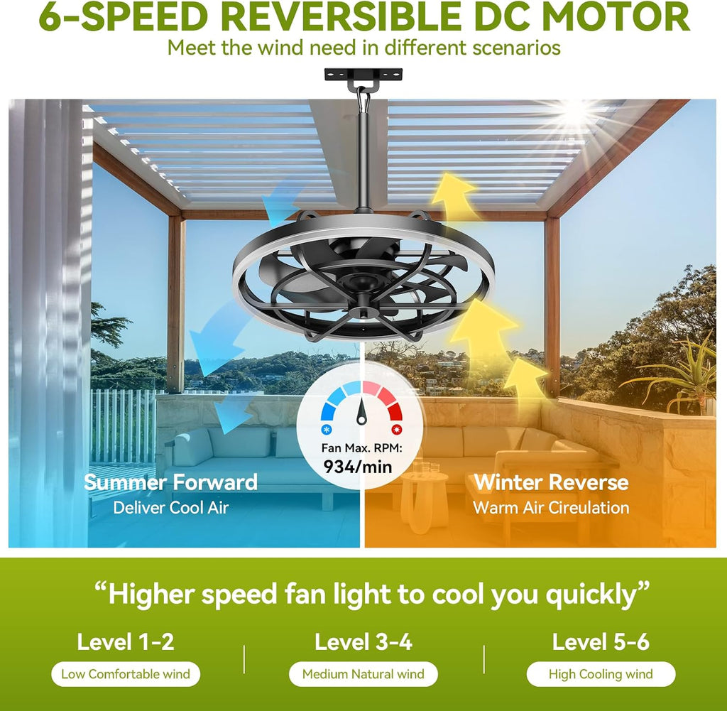 Outdoor Ceiling Fans with Lights for Patios Waterproof, 20' Gazebo Fan Outdoor Hanging & Hook-3CCT Dimmable LED,Black Plug in Caged Ceiling Fan with Light & Remote for Outside Porch, Pergola
