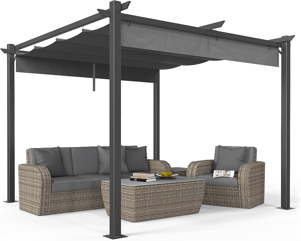 Outvita Patio Pergola, 10x10ft Aluminum Gazebo with Adjustable Retractable Waterproof Sun Shade Shelter Awning for Garden Lawn Deck