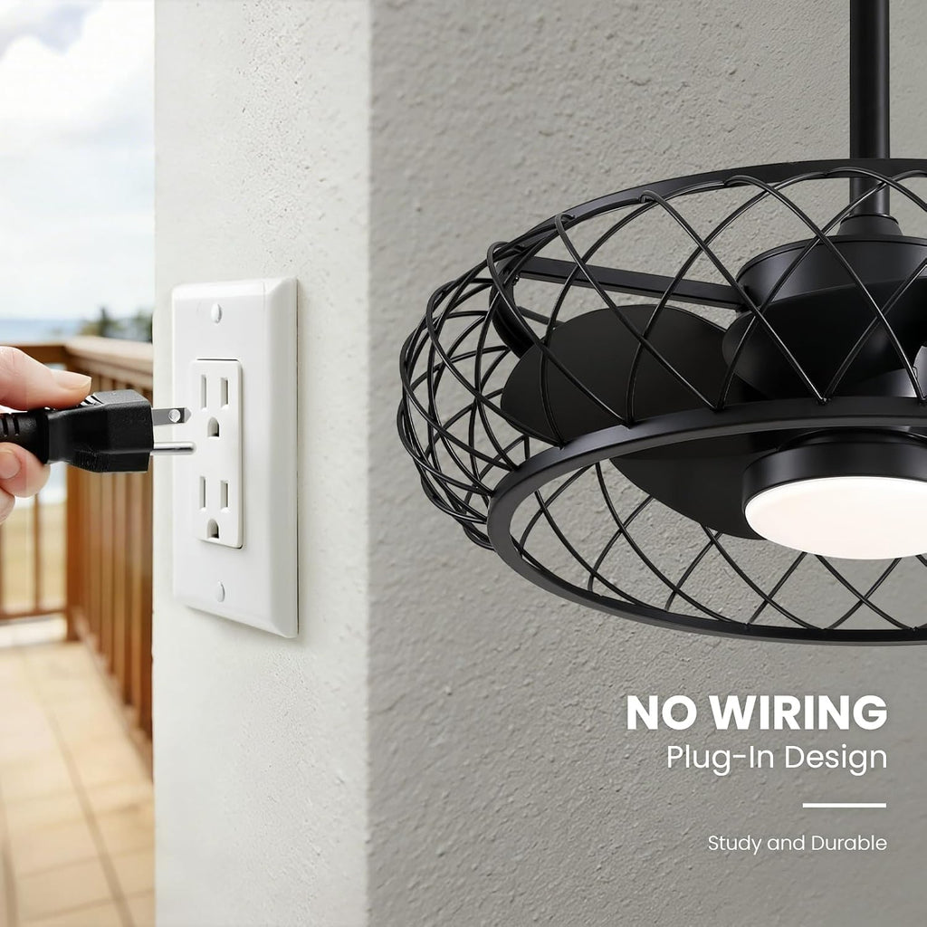24' Outdoor Ceiling Fan with Light Hanging Plug in Caged Gazebo Fan Remote APP Control 3CCT Dimmable, Quiet Reversible DC Motor Waterproof for Patio Pergola Porch Canopy Black