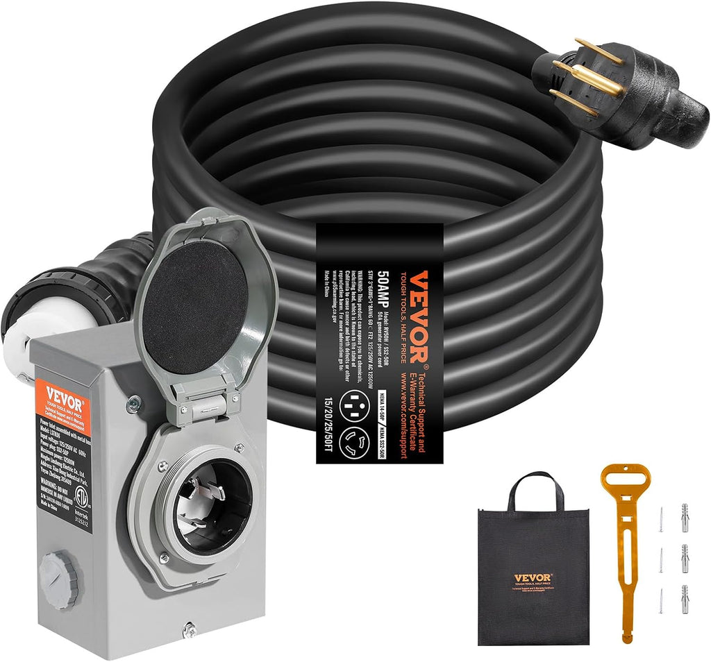 VEVOR 50 Amp Generator Cord and Power Inlet Box Kit, 20FT Generator Extension Cord NEMA 14-50P/SS2-50R STW 6/3+8/1 AWG with Twist Lock Connector, Pre-Drilled Inlet Box, ETL Listed