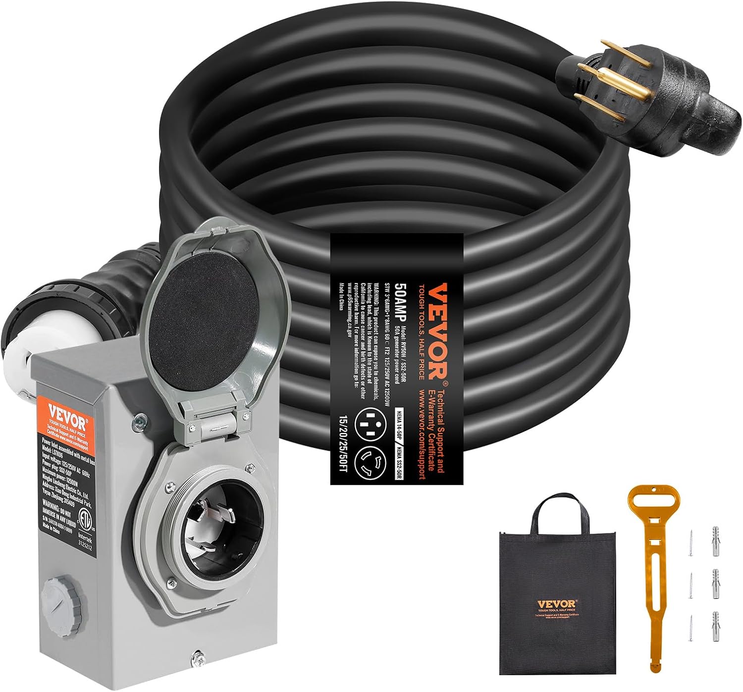 VEVOR 50 Amp Generator Cord and Power Inlet Box Kit, 20FT Generator Extension Cord NEMA 14-50P/SS2-50R STW 6/3+8/1 AWG with Twist Lock Connector, Pre-Drilled Inlet Box, ETL Listed