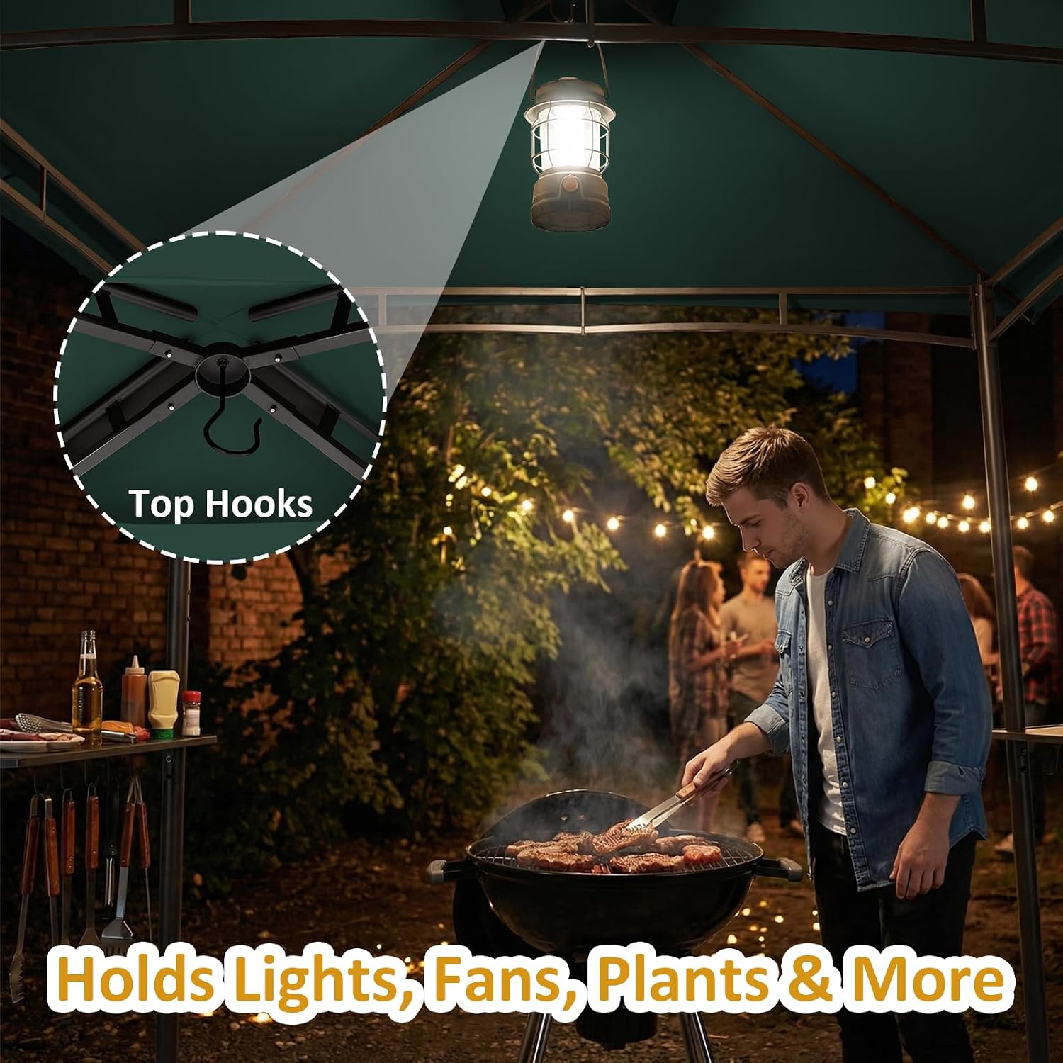 CHARMELEON 8x8 FT Grill Gazebo, Grill Canopy with Big Awning&2 Side Shelves&6 Hooks&Bottle Opener, Powder-Coated Steel BBQ Shelter for Patio Backyard Outdoor Grilling-Green