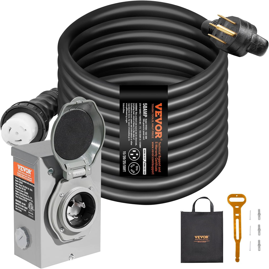 VEVOR 50 Amp Generator Cord and Power Inlet Box Kit, 50FT Generator Extension Cord NEMA 14-50P/SS2-50R STW 6/3+8/1 AWG with Twist Lock Connector, Pre-Drilled Inlet Box, ETL Listed