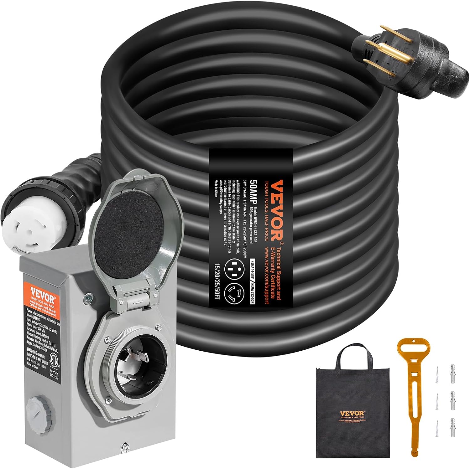 VEVOR 50 Amp Generator Cord and Power Inlet Box Kit, 50FT Generator Extension Cord NEMA 14-50P/SS2-50R STW 6/3+8/1 AWG with Twist Lock Connector, Pre-Drilled Inlet Box, ETL Listed
