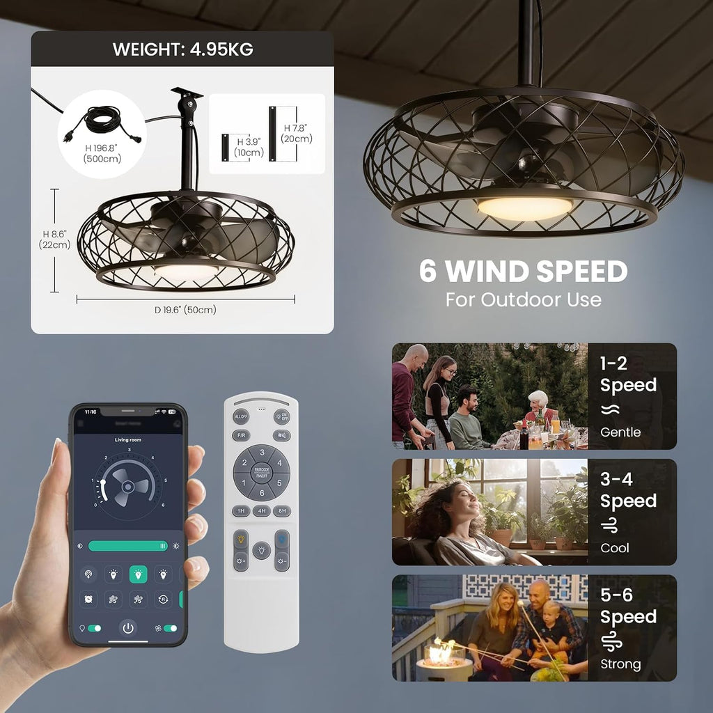 20'' Outdoor Ceiling Fan with Lights Remote Control, Outdoor Ceiling Fans with Hanging Hook, Dimmable Caged Industrial Chandelier with Fan, Fandelier for Gazebo Patio Pergola, Black