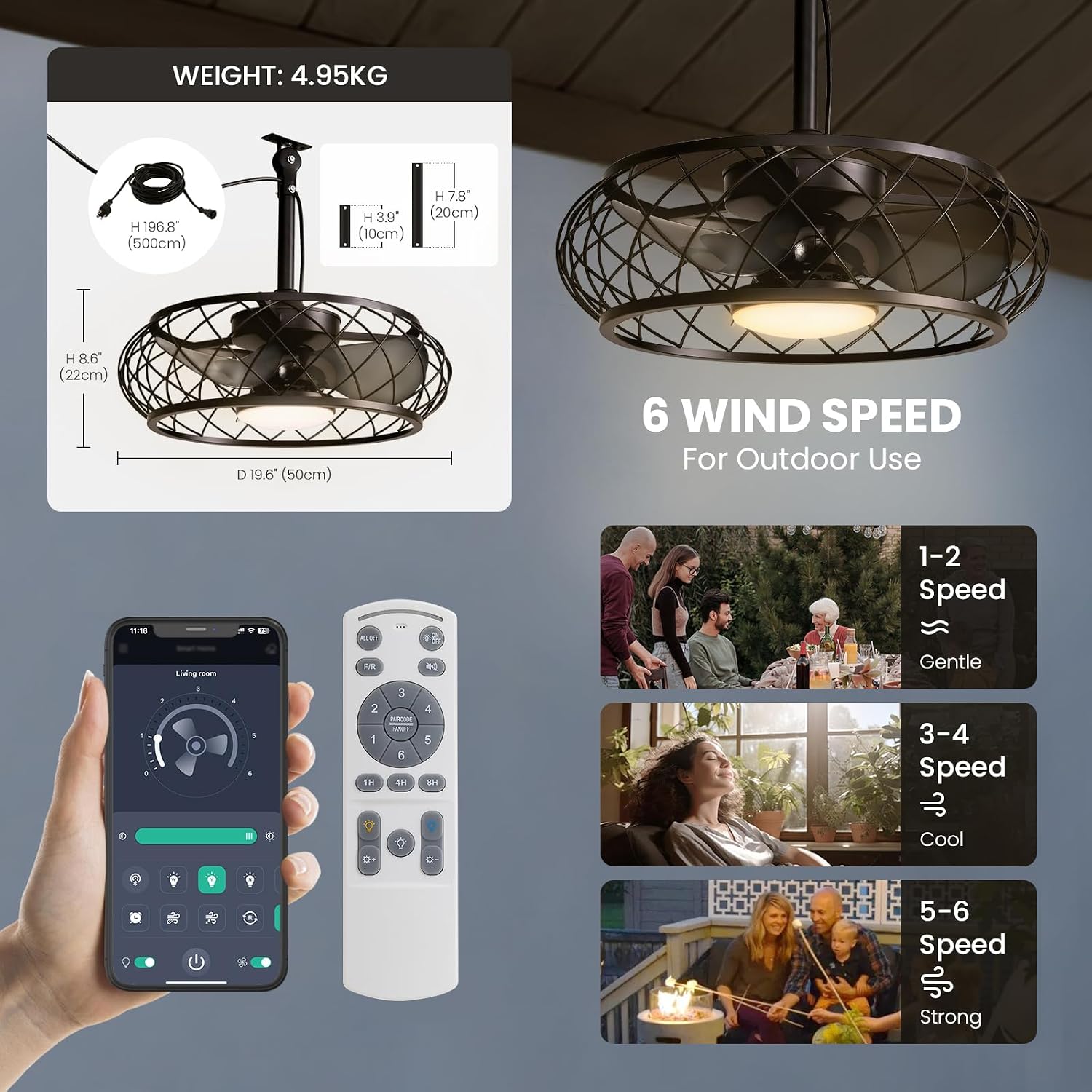 20'' Outdoor Ceiling Fan with Lights Remote Control, Outdoor Ceiling Fans with Hanging Hook, Dimmable Caged Industrial Chandelier with Fan, Fandelier for Gazebo Patio Pergola, Black