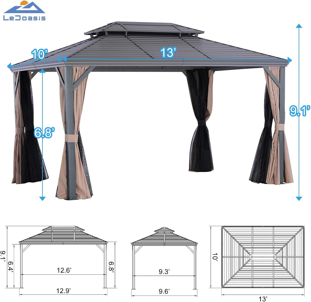 LeDoasis Nova 10' X 13' Outdoor Hardtop Gazebo Double Galvanized Steel Gazebo Aluminum Frame Canopy with Netting and Curtains, for Garden,Patio,Lawns,Parties