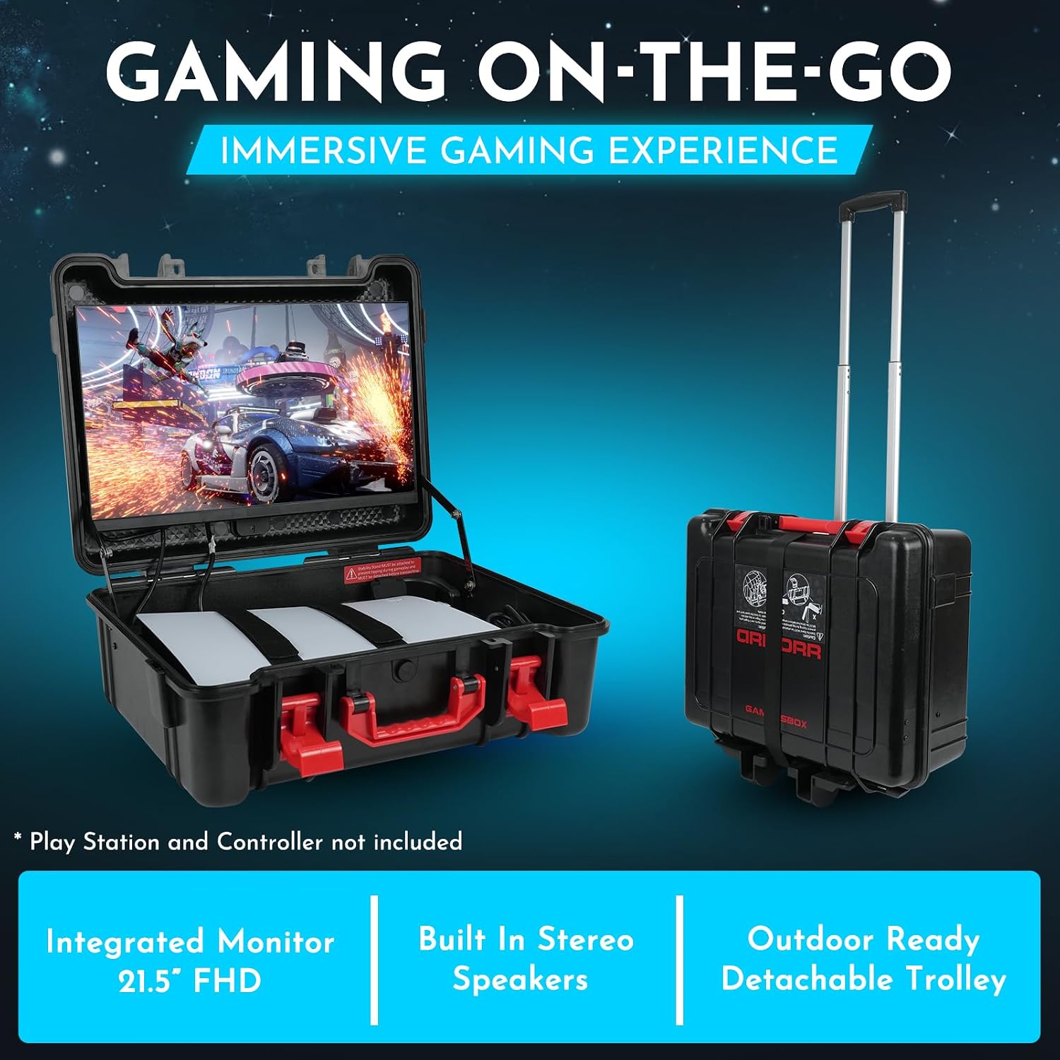 ARMORR GAMERSBOX Portable Gaming Monitor - 21.5' FHD IPS Display (max. 75Hz, FreeSync), Tough IP65 Hard Shell Case, Compatible with PS4/PS5 Xbox, HDMI Cable, Wheeled Trolley & VESA Stand