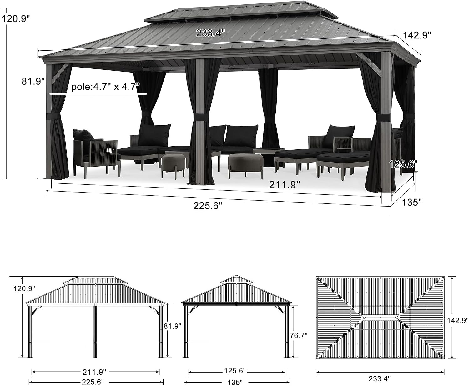 PURPLE LEAF 12' x 20' Permanent Hardtop Gazebo with Galvanized Steel Double Roof and Aluminum Frames Outdoor Large Pavilion Gazebo for Patio Deck Garden, Netting and Curtains Included, Light Grey