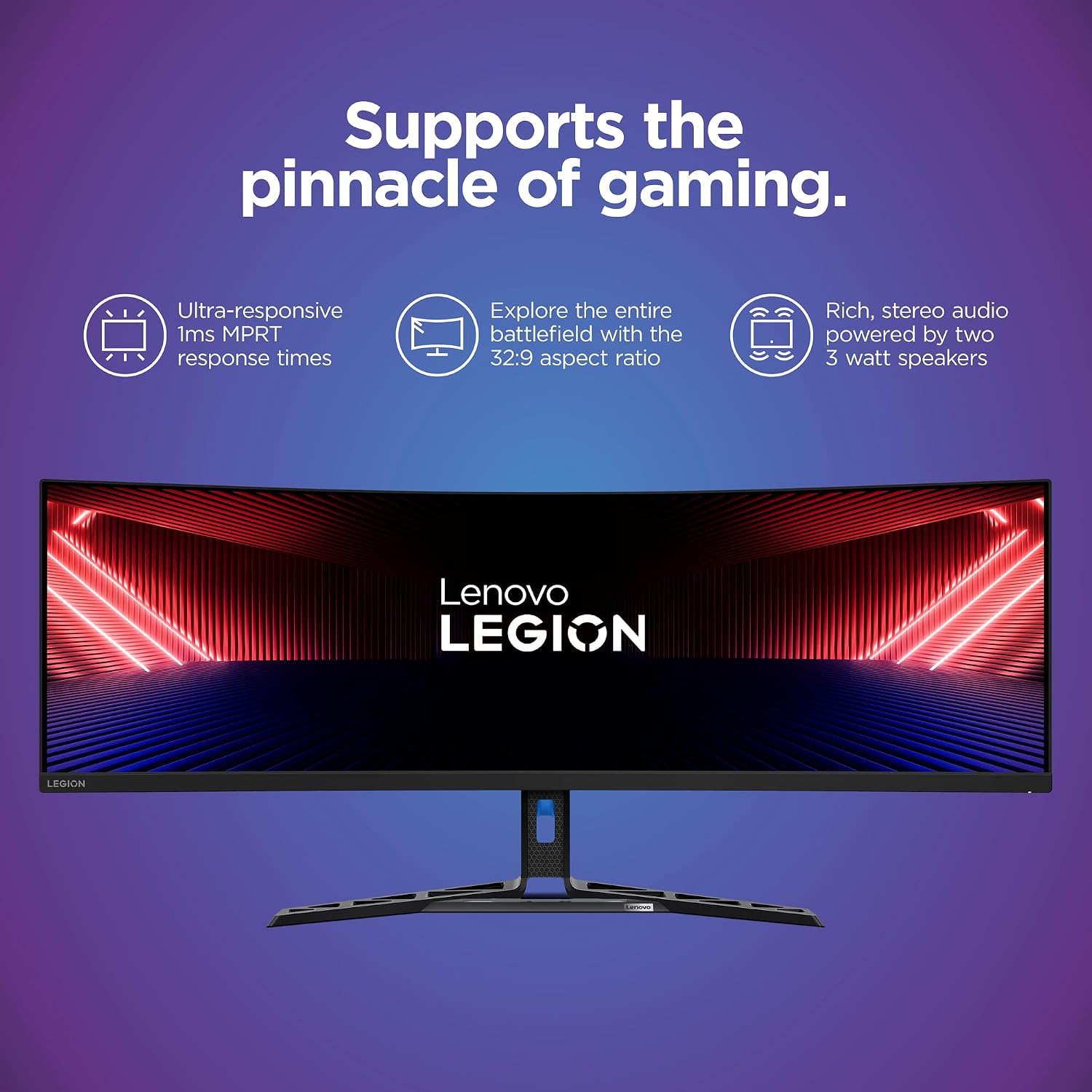 Lenovo Legion R45w-30 Gaming Monitor, 44.5' 32:9 Curved, DualQHD Resolution, 170Hz Refresh, 1ms MPRT, AMD FreeSync Premium Pro, HDR400, KVM, USB-C, RJ45, Lift/Tilt/Swivel Stand, 450 nits, Black