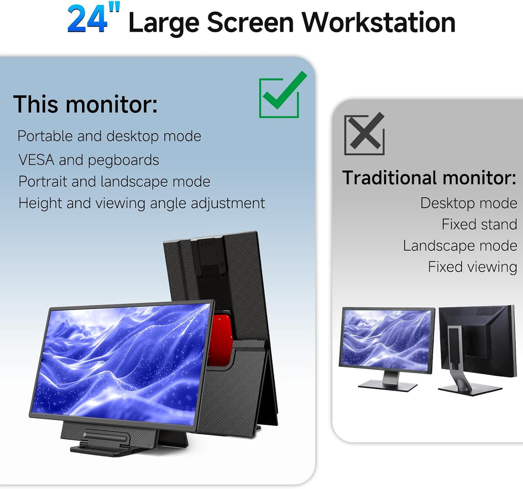 24' 2.5K 180Hz Portable Monitor - Laptop Screen Extender 112% sRGB Wide Color HDR HDMI USB C Travel External Display with Stand Gaming Monitor for Computer PC Phone Game Console