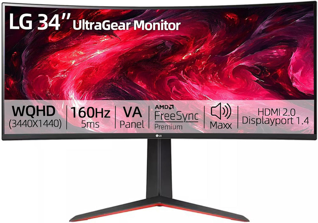 LG 34' Ultragear Curved Gaming Monitor, WQHD (3440 x 1440),160Hz, AMD FreeSync Premium, HDR10, 99% sRGB, Tilt/Height Adjustable Stand, Built-in Speakers