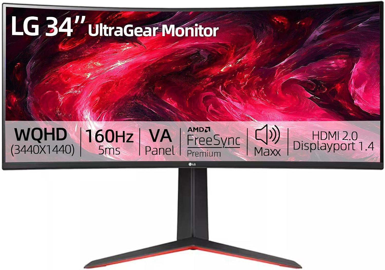 LG 34' Ultragear Curved Gaming Monitor, WQHD (3440 x 1440),160Hz, AMD FreeSync Premium, HDR10, 99% sRGB, Tilt/Height Adjustable Stand, Built-in Speakers