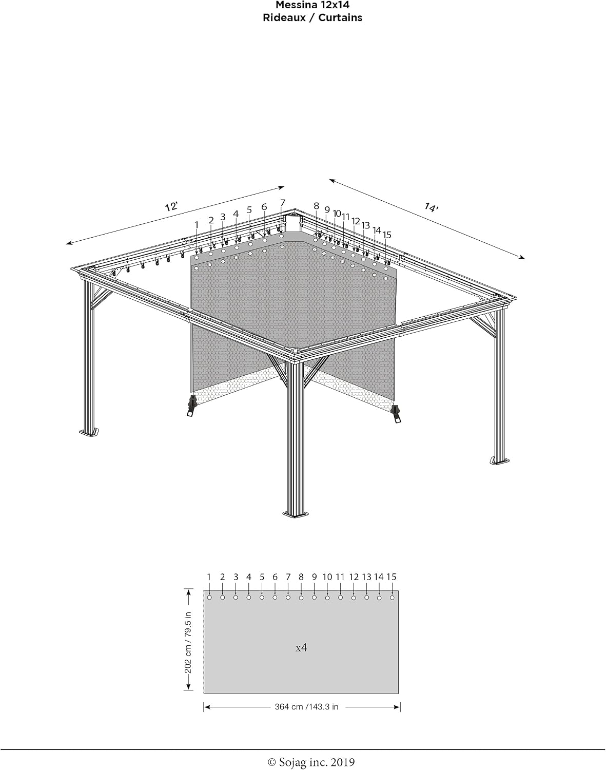 Sojag Accessories Set of 4 12' x 14' Curtains for Monaco/Messina/Mykonos Outdoor Gazebo Models, Grey