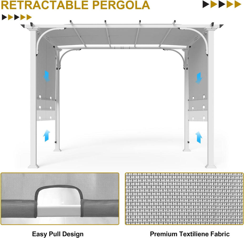 COOS BAY 10x10 Outdoor Retractable Pergola, Steel Frame Pergola for Patio, Backyard & Garden, Weather Resistant Textilene Shade, Gray