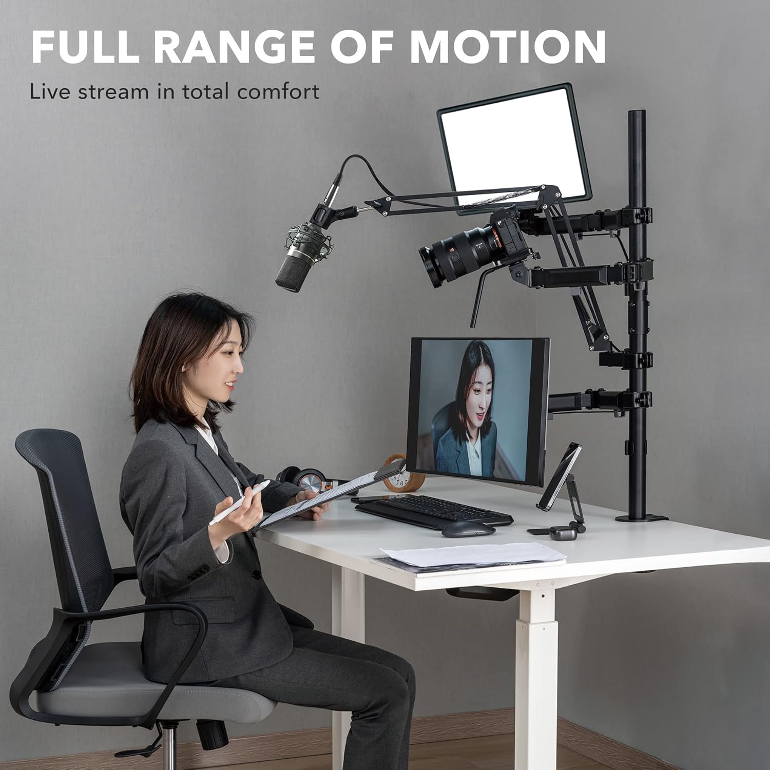Mount-It! All-in-One Streaming Desk Mount – 4 Arm Setup for Monitor, Camera, Ring Light & Mic – Live Stream Equipment for YouTube, Podcast, Gaming, Zoom – VESA Compatible, Clamp/Grommet Base