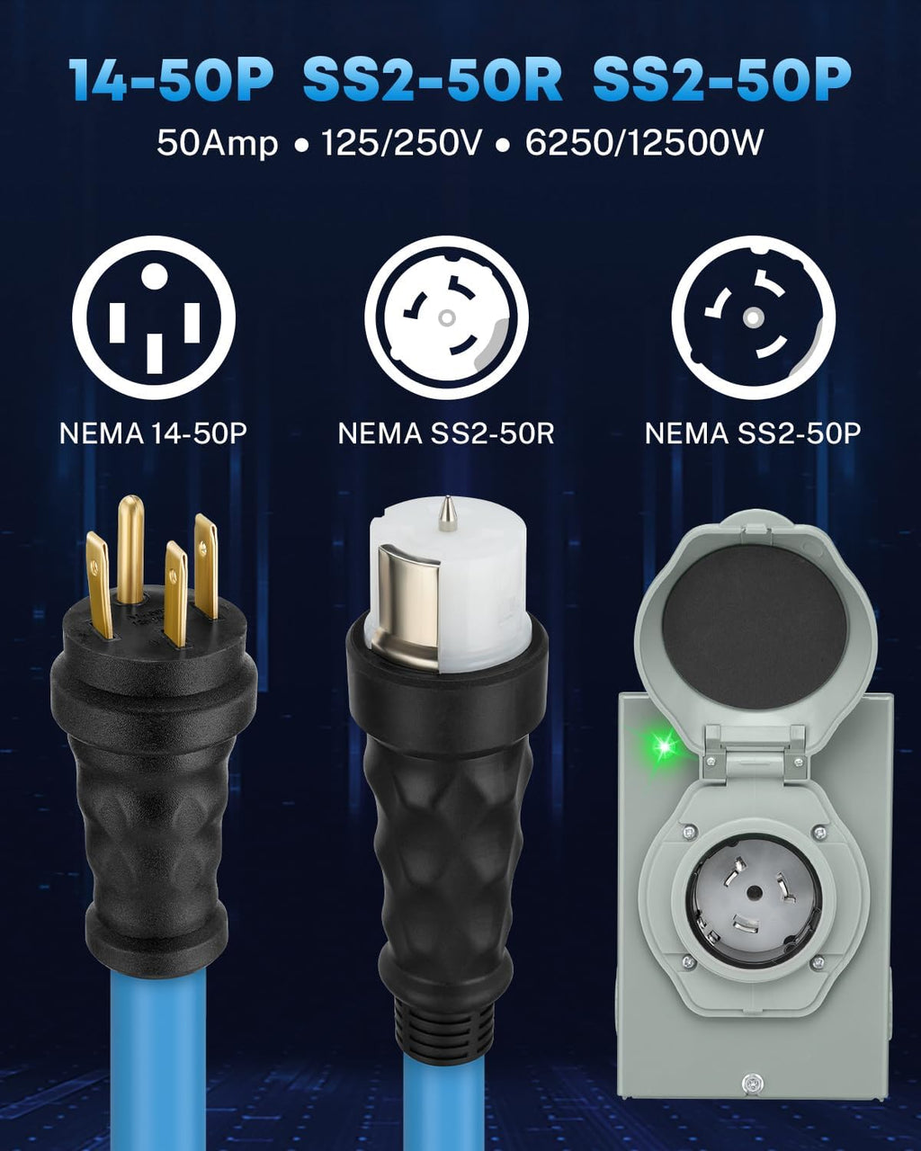 COOLTOP 50 Amp Generator Cord and Power Inlet Box Kit, 50FT Extension Cable STW 6/3+8/1 AWG Generator Cord 125/250V NEMA 14-50P to SS2-50R Pre-Drilled Inlet Box Waterproof Combo Kit, ETL Listed