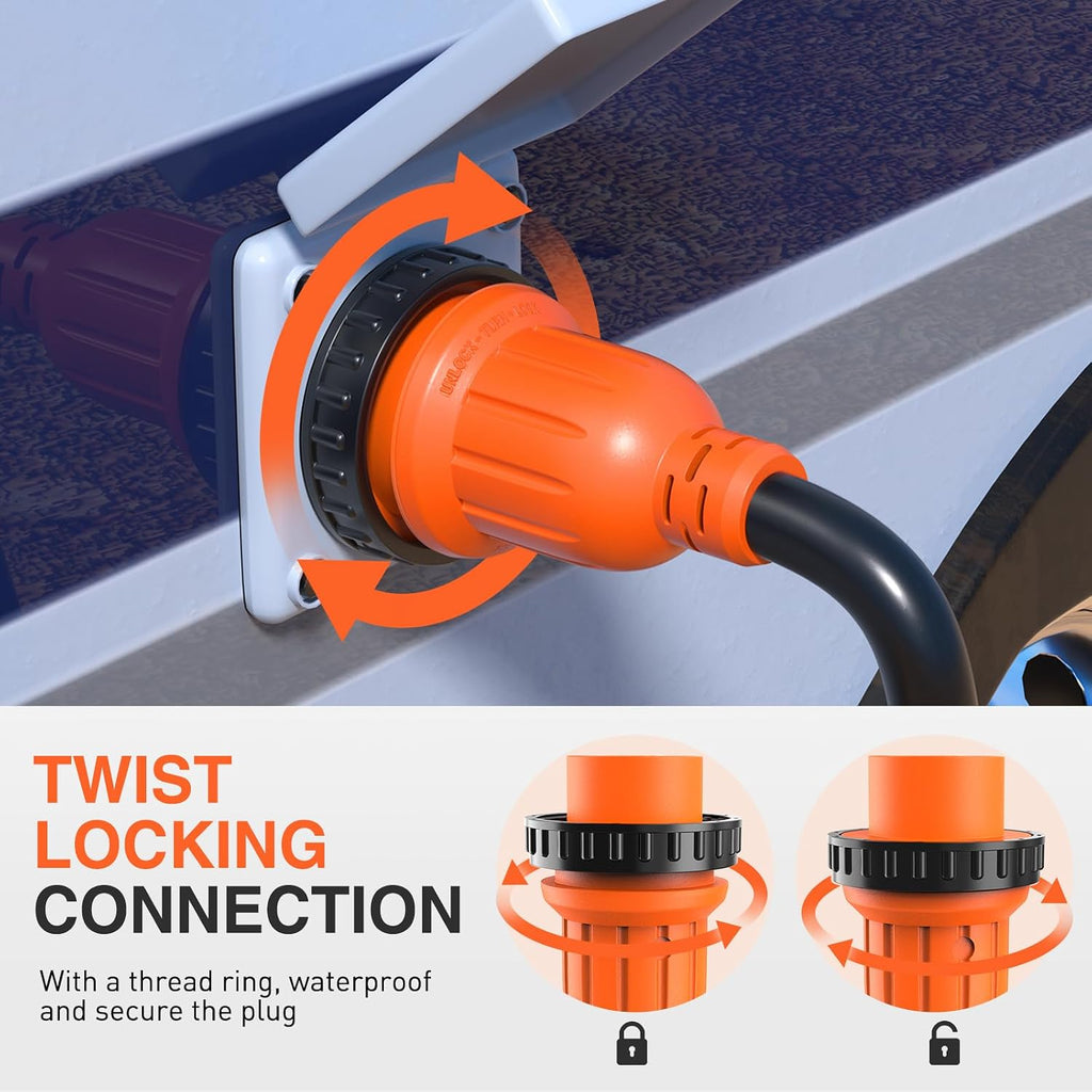 Nilight 30 Amp 50FT RV Locking Extension Cord with Adapter 15Amp to 30Amp 125V Heavy Duty 10 Gauge Pure Copper STW Wire ETL Listed 3 Prong TT-30P L5-30R 30F/30M Weatherproof Suit for Camper Trailer