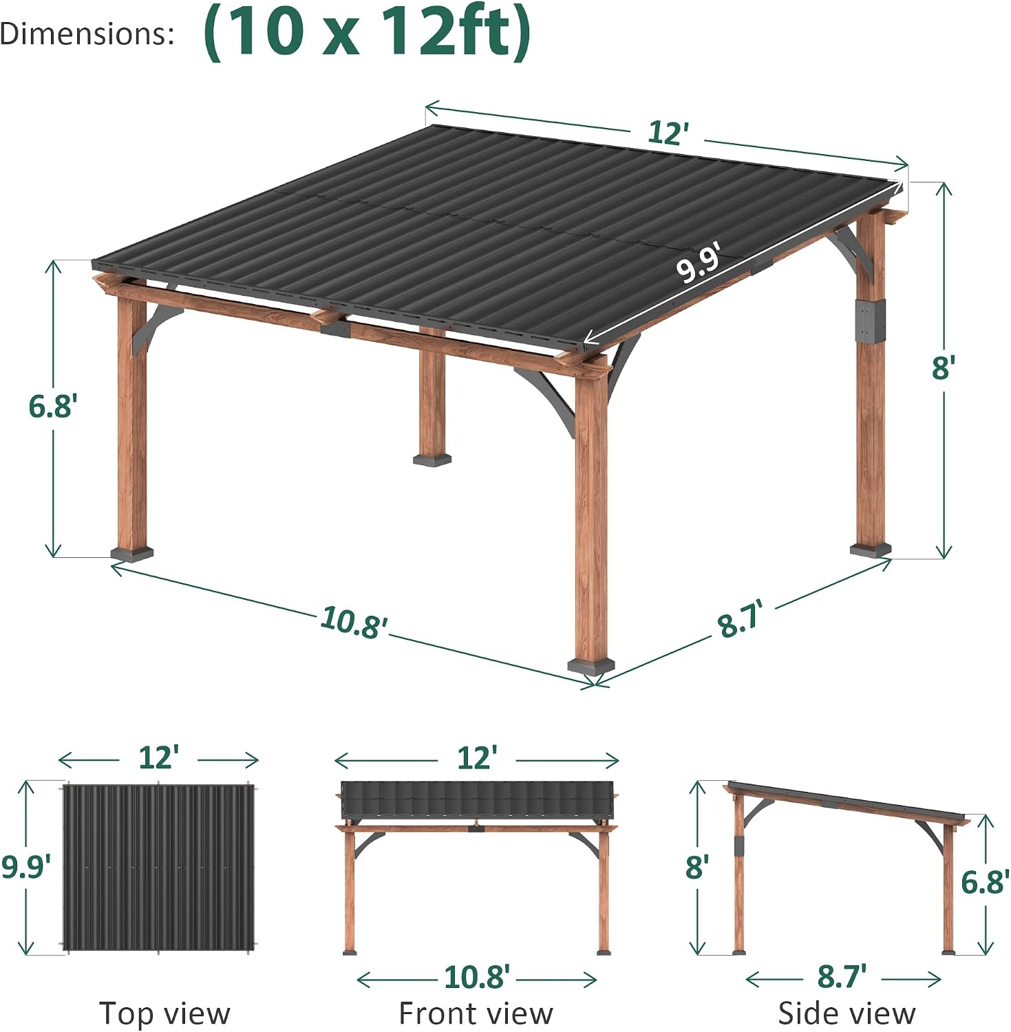 MACROUT 10'x12' Outdoor Gazebo, Heavy Duty Pergola with Sloped Metal Roof and Aluminum Frame, Permanent Gazebos for Patio, Decks, Backyard, Garden, 4718 (10'x12')