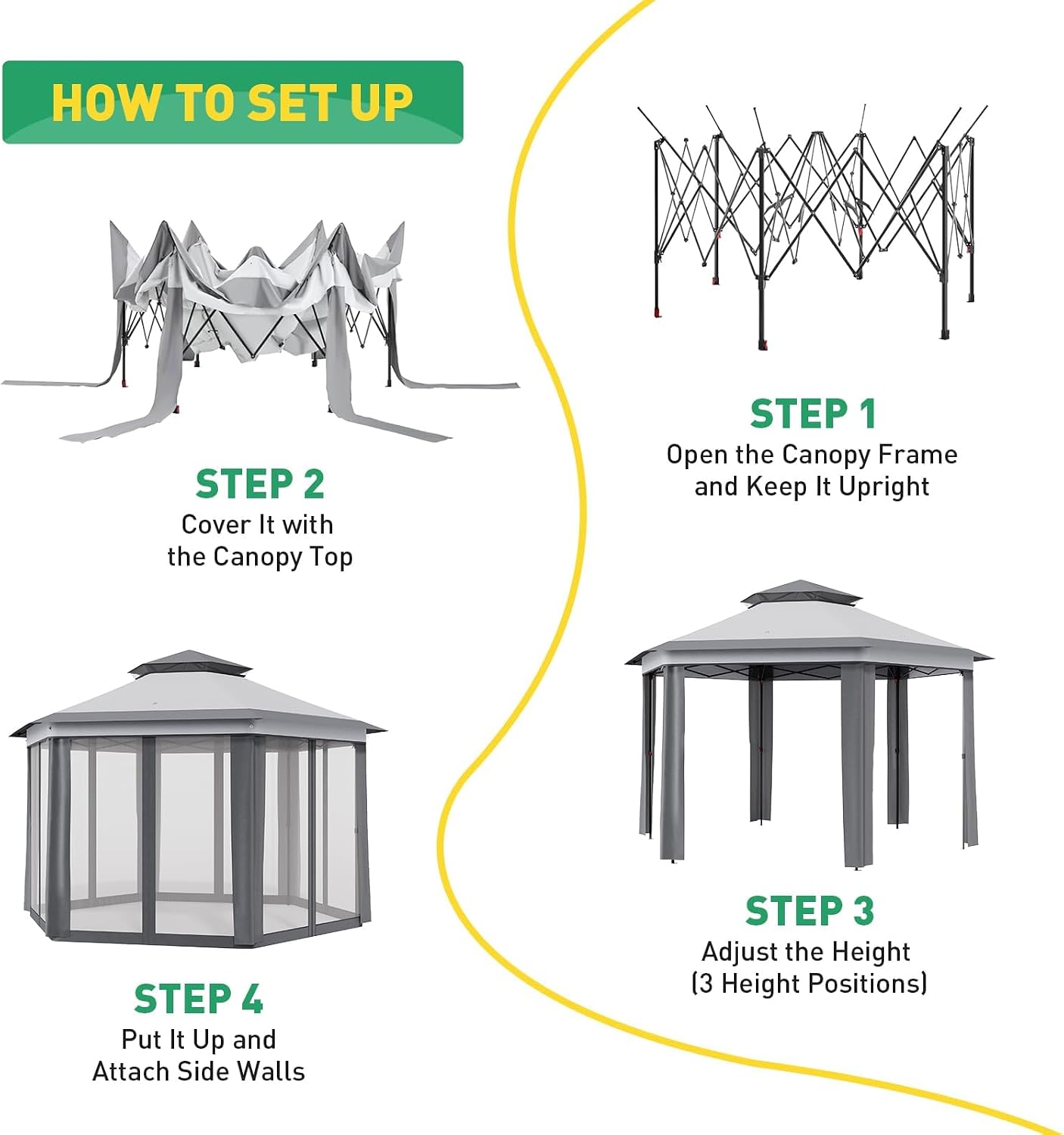Pop Up Gazebo 13 * 13 Ft 6 Sided - Canopy Tent with Mosquito Net Adjustable Outdoor Gazebo for Backyard, Waterproof Patio Canopy for Parties BBQs