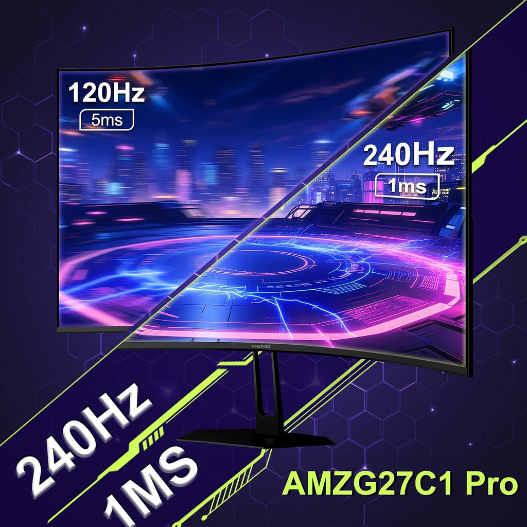 Amzfast 27 inch 240Hz Curved Monitor, FHD 1080p Gaming Monitor, Built-in Speakers, FreeSync, MPRT 1ms, 130% sRGB, 4000:1, 1500R, VESA Mount, HDMI 2.0&DP 1.4, 12 Months Warranty Exchange
