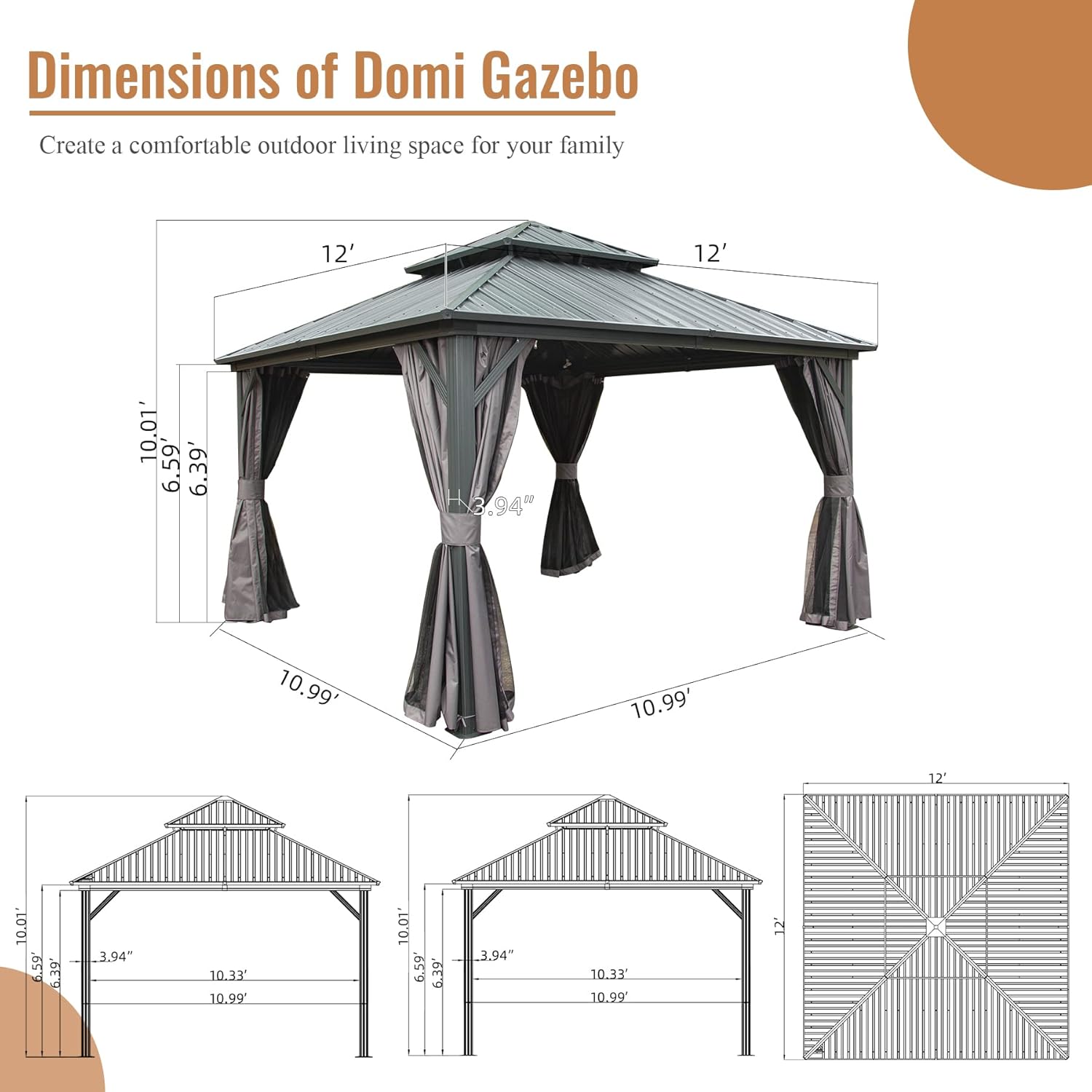 Domi 12' x 12' Hardtop Gazebo Permanent Aluminum Metal Gazebo with Galvanized Steel Double Roof Canopy, Curtains, and Netting for Patio, Backyard, Deck, Lawn