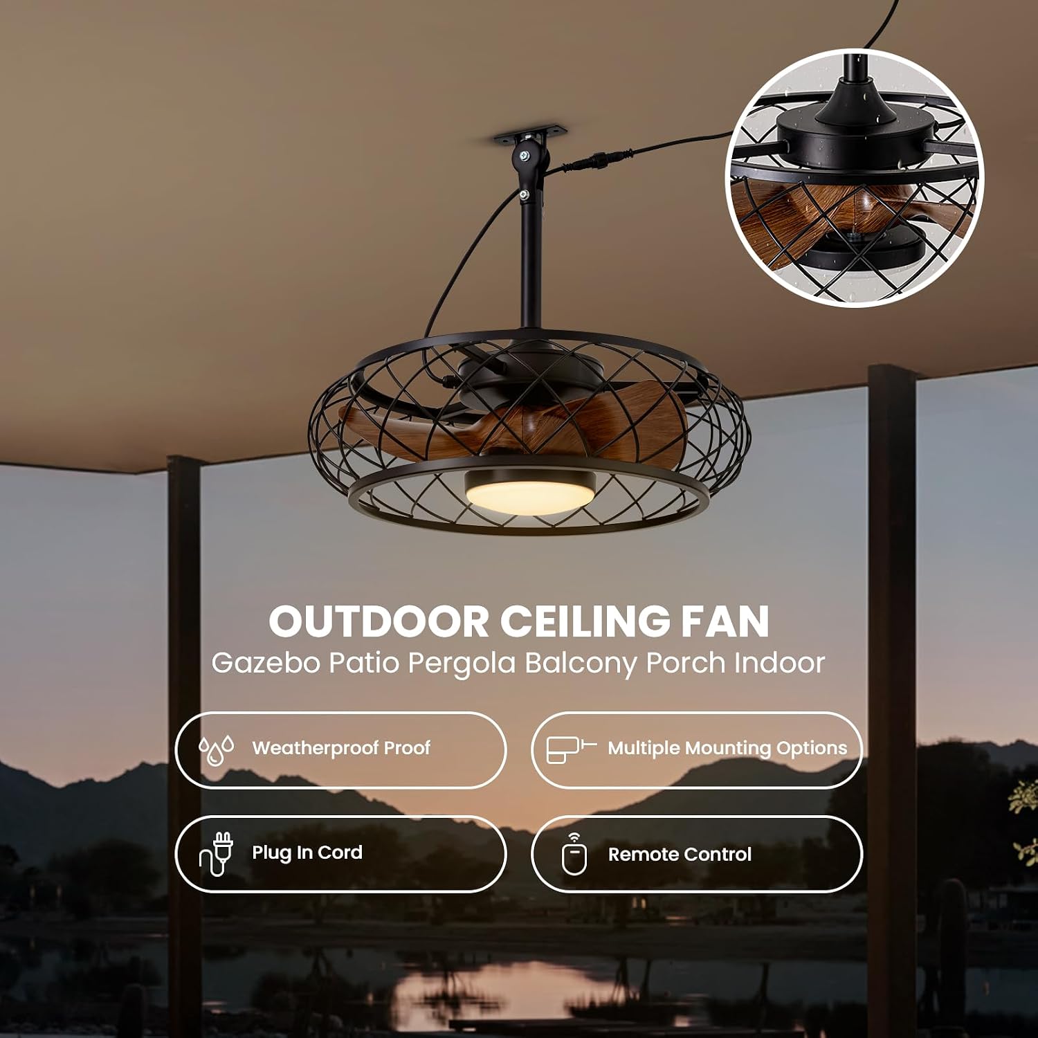 20'' Outdoor Ceiling Fans with Lights, Gazebo Fan Wet Rated Remote&APP Control, Plug in Ceiling Fan for Patios, Pergola, Ceiling Fan with Remote Control, Hanging with Hook,Black