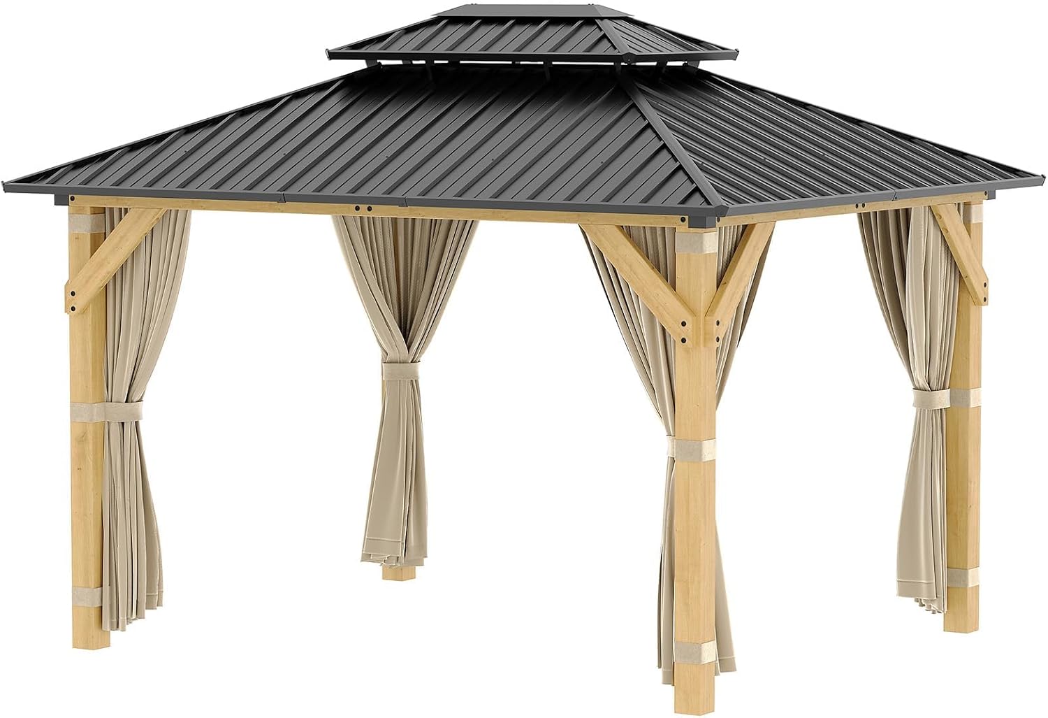 10 x 12 Ft Wood Gazebo, Upgrade Wooden Frame, Double Galvanized Steel Roof, Hardtop Gazebo with Nettings and Curtains for Backyard, Patio, Garden and Lawn, Khaki