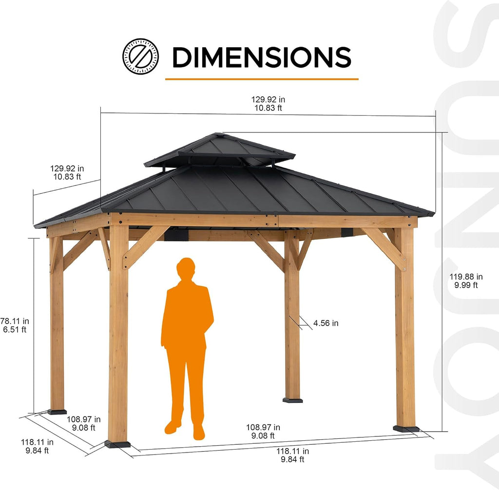 SUNJOY 11 x 11 ft. Wood Gazebo Standard Cedar Framed Gazebos with Black Double Steel Hardtop Roof for Garden, Backyard Shade, Matte Black Roof + Natural Wood Frame