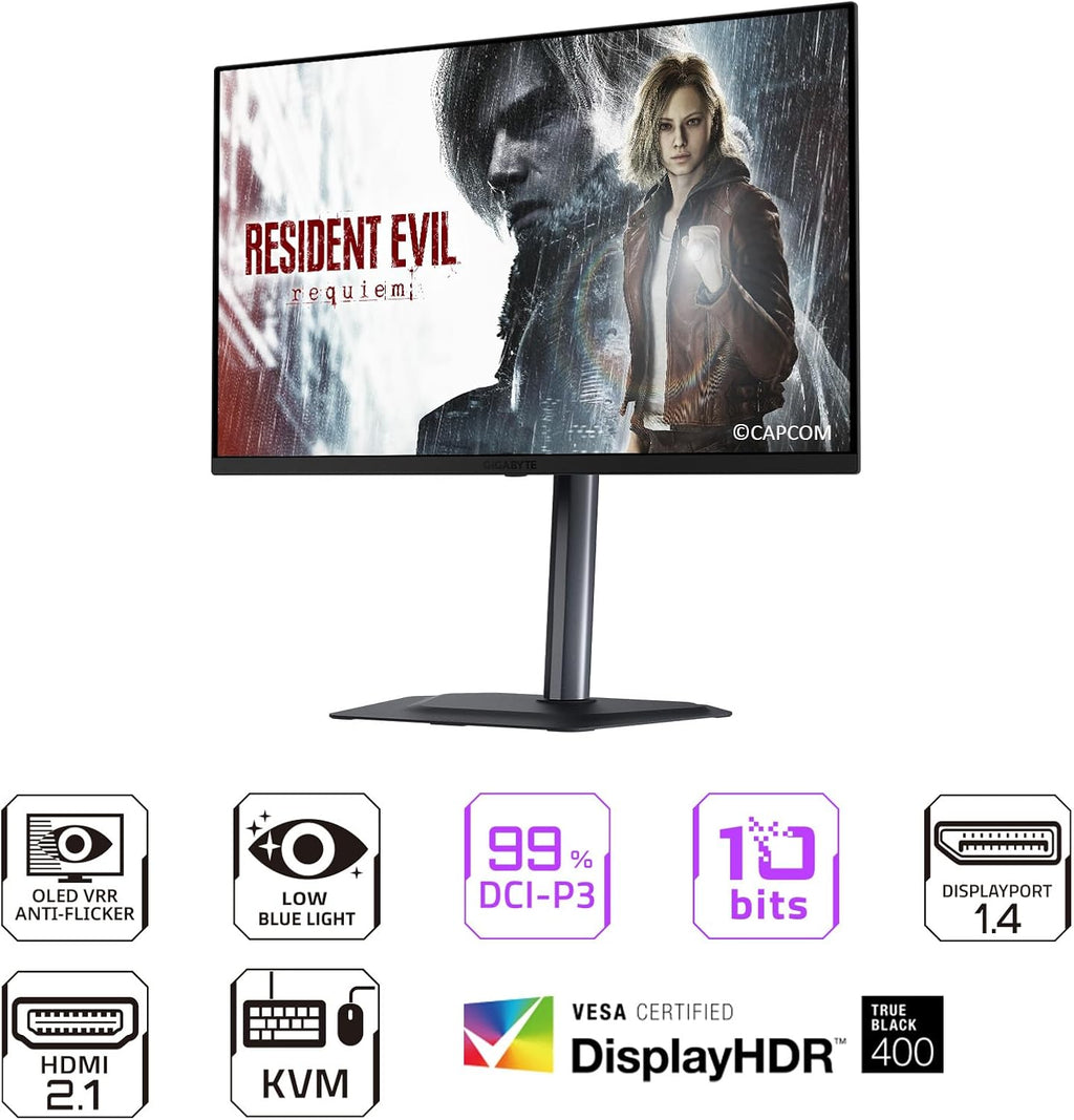 GIGABYTE - MO27Q2A - 27' QD-OLED Gaming Monitor - QHD 2560x1440-280Hz - 0.03ms GTG - AMD FreeSync Premium Pro, G-SYNC Compatible - Type-C KVM - HDMI, DP, Type-C - Height and Tilt Adjustable - Black