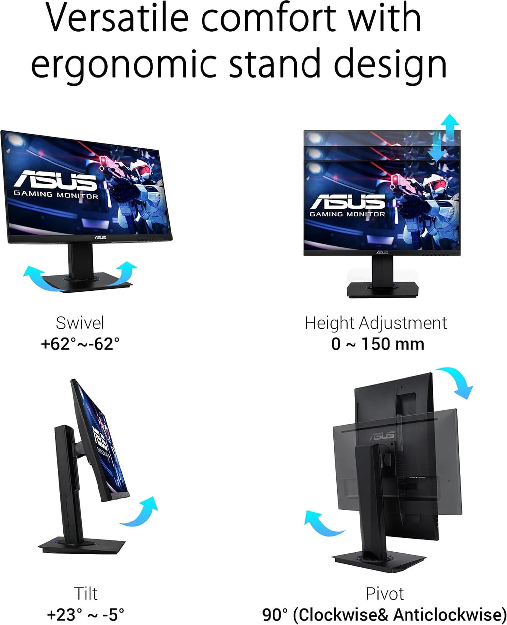 ASUS (VG246H 23.8' 1080P Gaming Monitor - Full HD, IPS, 75Hz, 1ms, FreeSync, Extreme Low Motion Blur, Low Blue Light, Flicker Free, VESA Mountable, HDMI, VGA, Height Adjustable, 12.8'x21.3'x2',Black