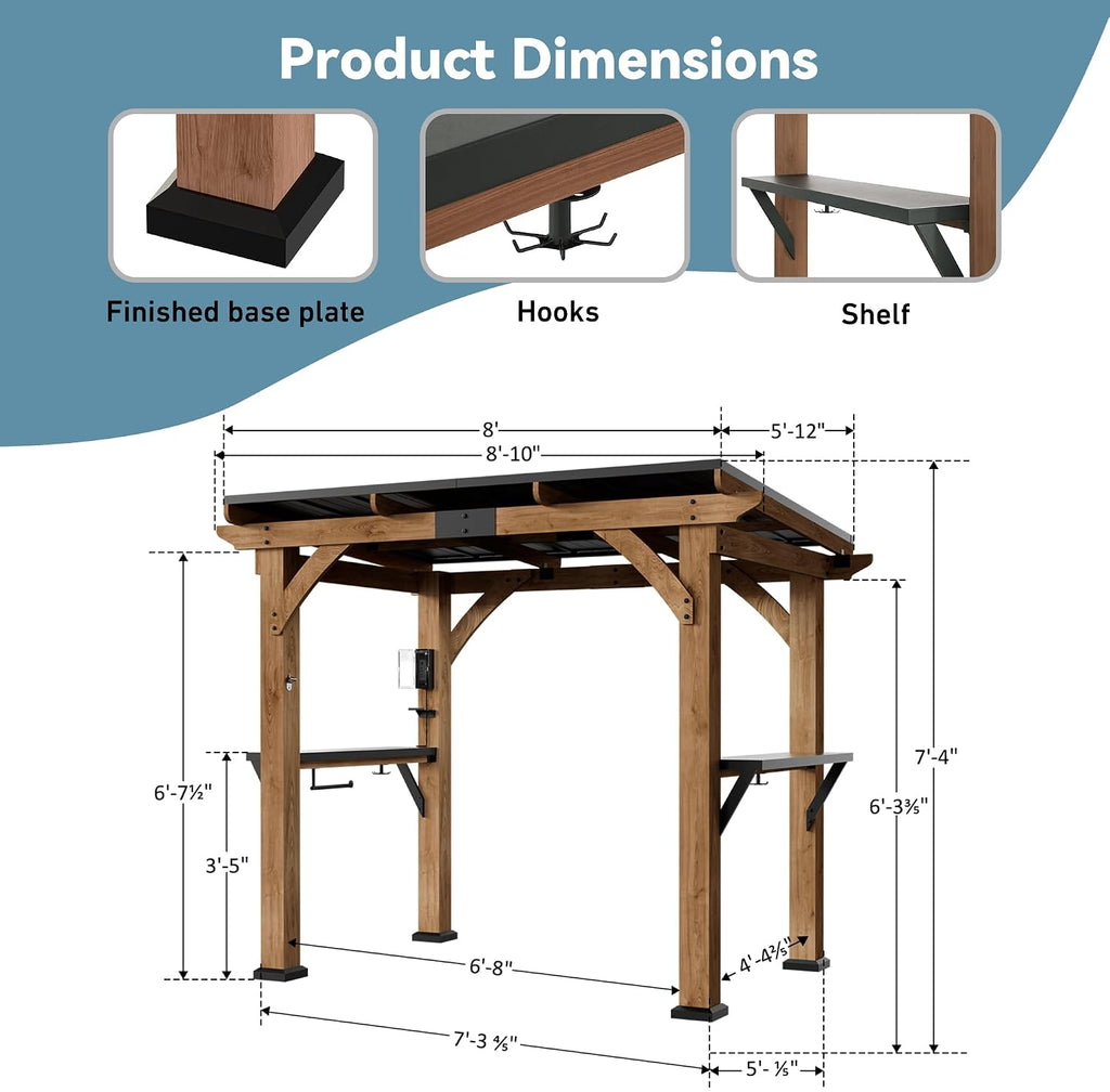 Big Leaf 6' x 8' Grill Gazebo with Cedar Wood Frame – Galvanized Steel Roof, USB & USB-C Charging Ports, Side Shelves, Paper Towel Holder, and Rotatable Hooks – Ideal BBQ Gazebo for Patio and Backyard