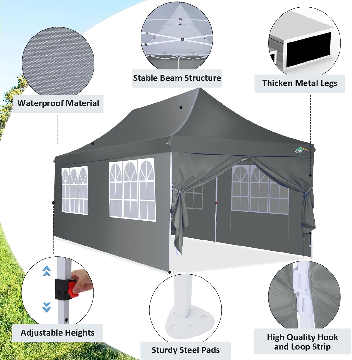 COBIZI 10x20 Pop Up Canopy with 6 Sidewalls, Conical Party Tent 10x20 with 3 Adjustable Height Waterproof, UV-Resistant with Carry Bag, Sandbag, Stake, Ropes for Parties, Commercial (Frame Upgraded)