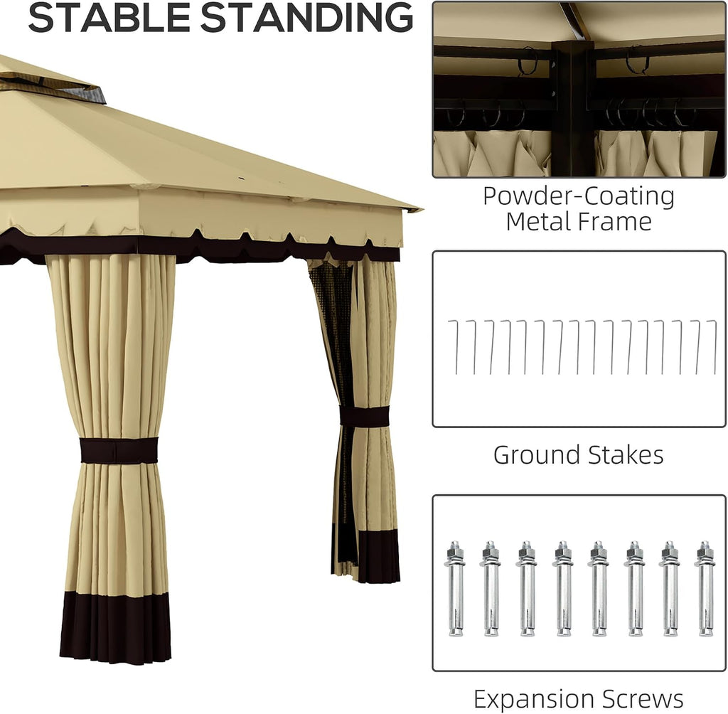 Outsunny 10' x 12' Patio Gazebo, Double Roof Outdoor Gazebo Canopy Shelter with Netting and Curtains, Solid Metal Frame for Garden, Lawn and Deck, Beige