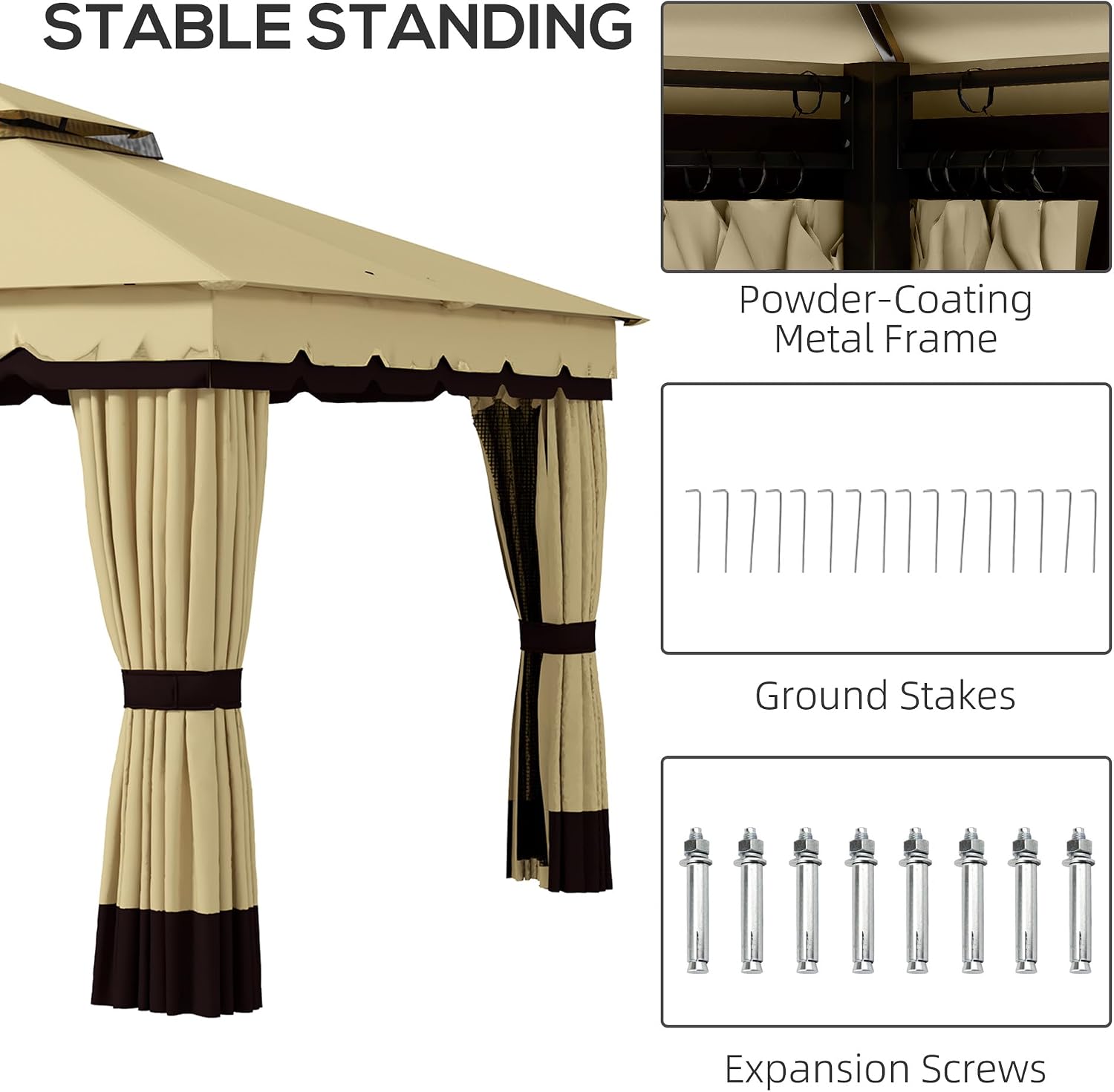 Outsunny 10' x 12' Patio Gazebo, Double Roof Outdoor Gazebo Canopy Shelter with Netting and Curtains, Solid Metal Frame for Garden, Lawn and Deck, Beige