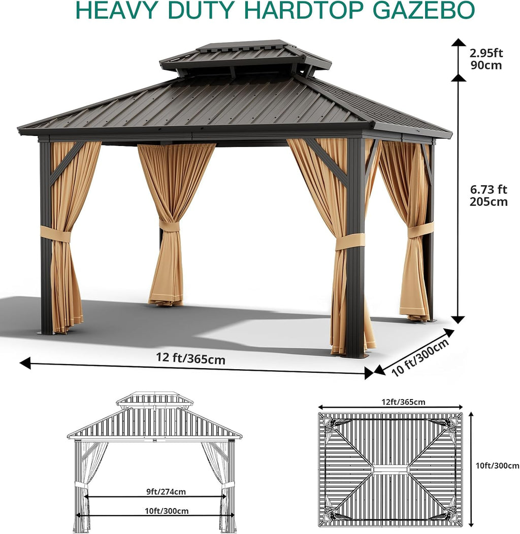 10X12 FT Outdoor Galvanised Steel Hardtop Gazebo, Heavy Duty Double Roof Outdoor Gazebo with Netting and Sunshade Curtains, Aluminium Framed Gazebo for Patio, Terrace, Lawn and Deck, Khaki
