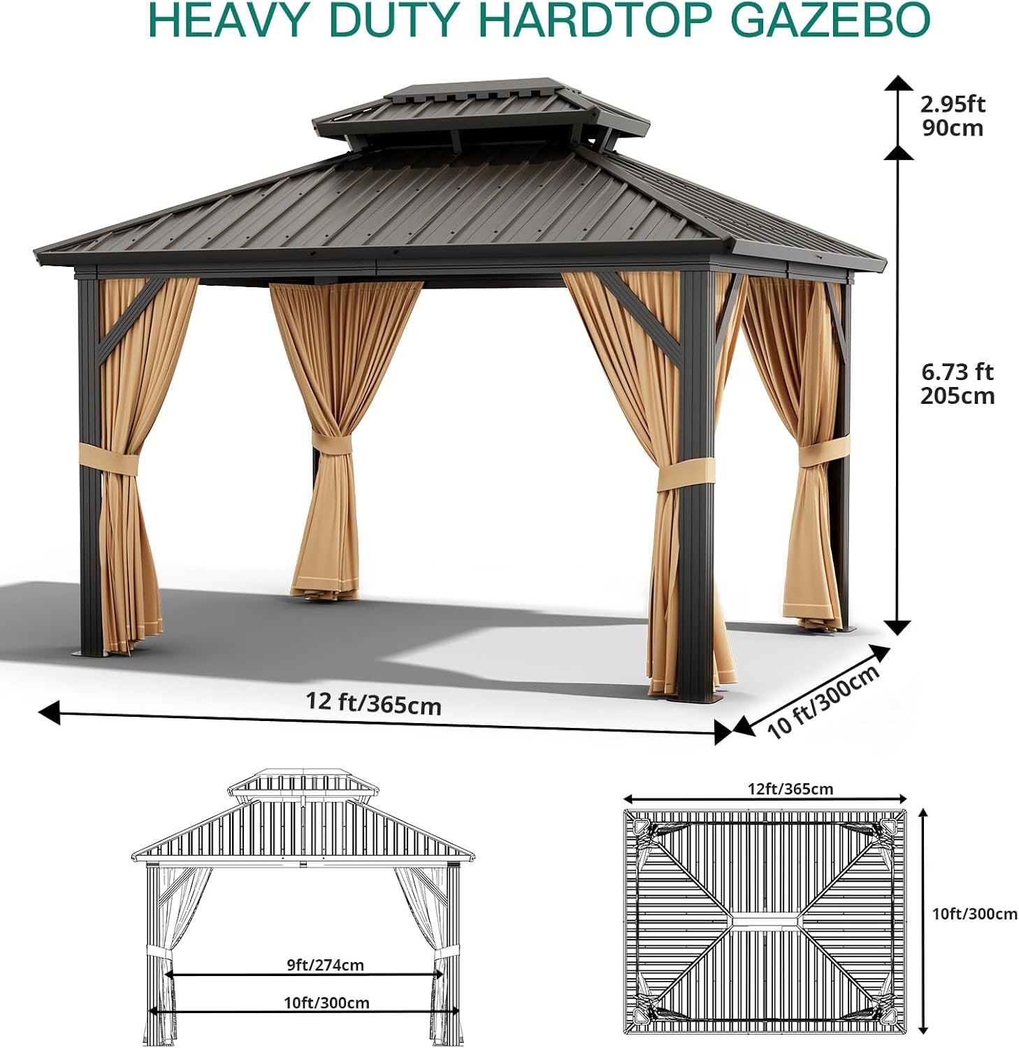 10X12 FT Outdoor Galvanised Steel Hardtop Gazebo, Heavy Duty Double Roof Outdoor Gazebo with Netting and Sunshade Curtains, Aluminium Framed Gazebo for Patio, Terrace, Lawn and Deck, Khaki
