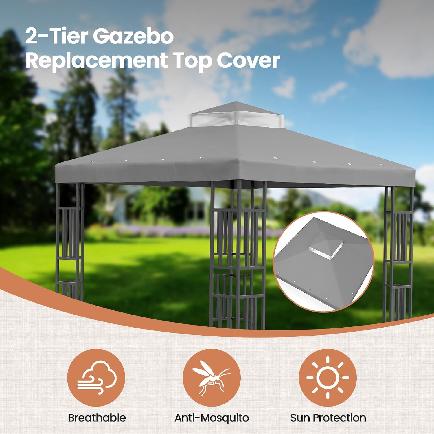 10'x10' Replacement Canopy Top Cover for Gazebo, Double-Tiered Cover for Sunshade and Grill Gazebos, Water-Resistant Polyester Canopy for Yard, Patio, Garden (Gray)