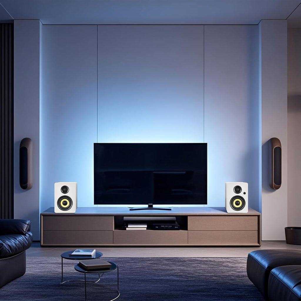 Sanyun SW206 80W Active Dual-Mode Bookshelf Speakers, 4' Studio Monitor & HiFi Mode, Upgraded 3D Sound Field, 6.35mm TRS Balanced, Bluetooth 5.4, Optical Coaxial Aux USB 24bit DAC, White