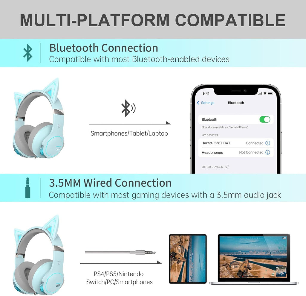 Edifier G5BT CAT Wireless Bluetooth Gaming Headset with Mic, Wired Cat Ear Headphones, Over Ear Headphones with Detachable Cat Ear, RGB Light, for PC, PS5, PS4, Nintendo Switch (Blue)
