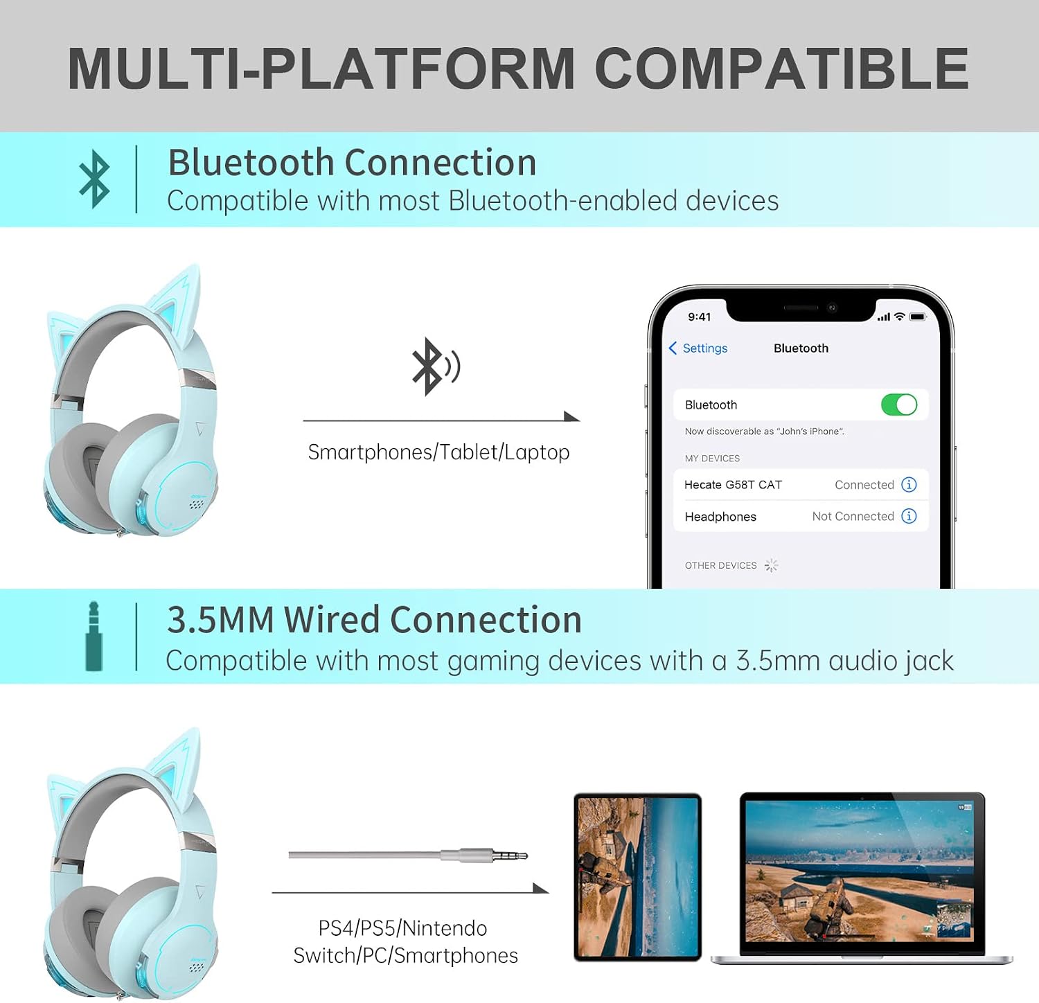 Edifier G5BT CAT Wireless Bluetooth Gaming Headset with Mic, Wired Cat Ear Headphones, Over Ear Headphones with Detachable Cat Ear, RGB Light, for PC, PS5, PS4, Nintendo Switch (Blue)