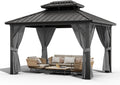 10X12 FT Outdoor Galvanised Steel Hardtop Gazebo, Heavy Duty Double Roof Outdoor Gazebo with Netting and Sunshade Curtains, Aluminium Framed Gazebo for Patio, Terrace, Lawn and Deck, Grey