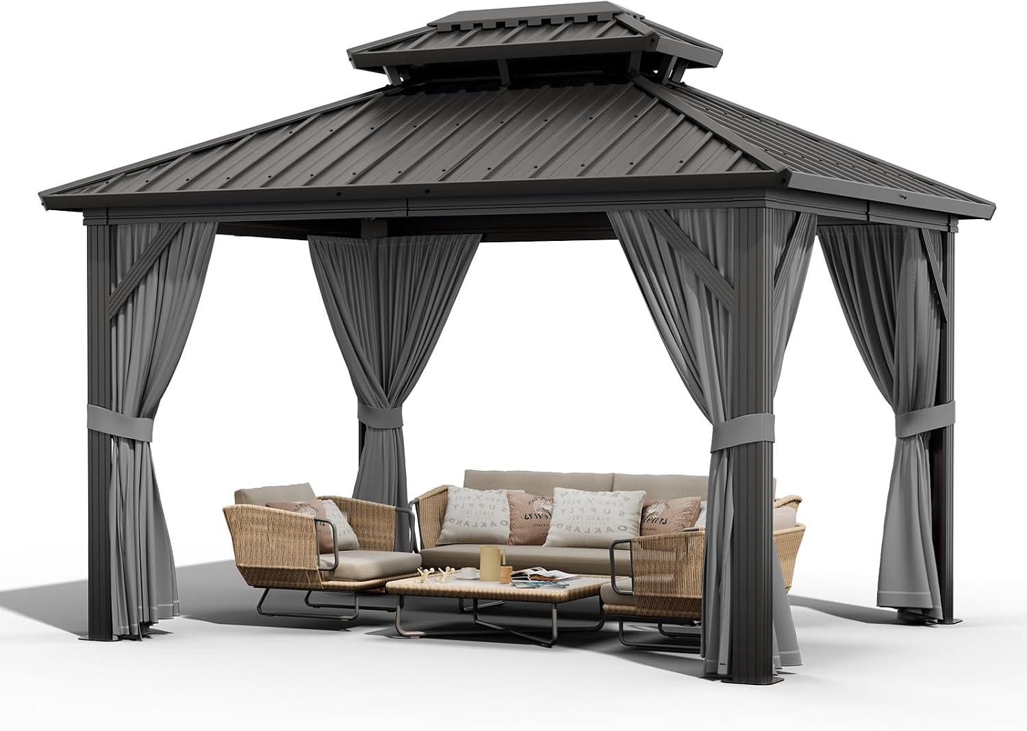 10X12 FT Outdoor Galvanised Steel Hardtop Gazebo, Heavy Duty Double Roof Outdoor Gazebo with Netting and Sunshade Curtains, Aluminium Framed Gazebo for Patio, Terrace, Lawn and Deck, Grey