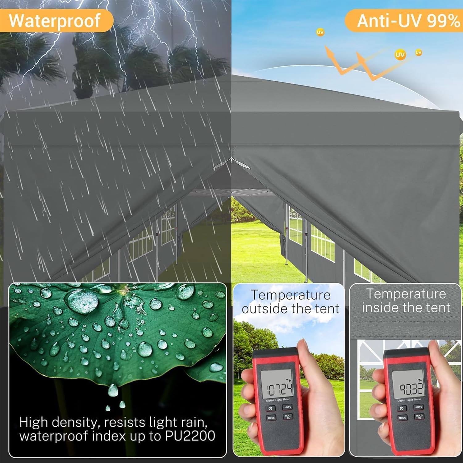 COBIZI 10x30 Pop Up Canopy Tent with 8 Sidewalls Party Tents for Parties Weddings Backyard Waterproof Commercial Instant Outdoor Events Tent with Stakes, Ropes,Sandbags（10 x 30 ft Gray